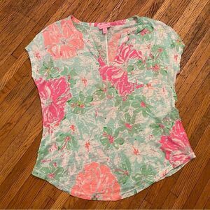 Lilly Pulitzer 100% Linen “The Duval” floral print shirt sleeve top